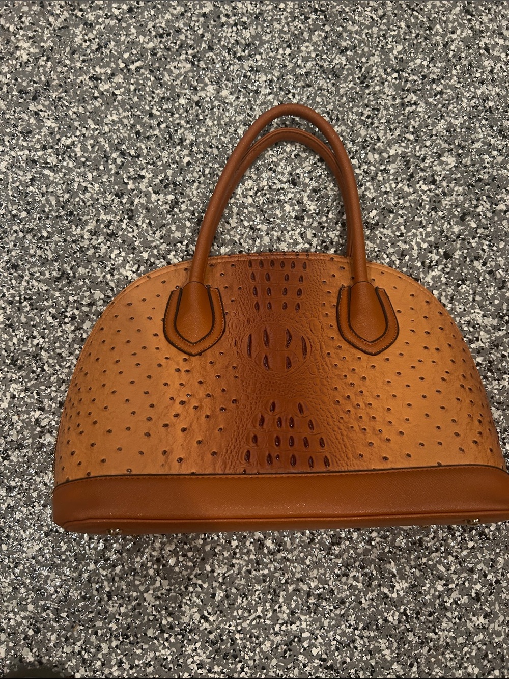 Structured Ostrich-Texture Satchel Handbag in Cognac